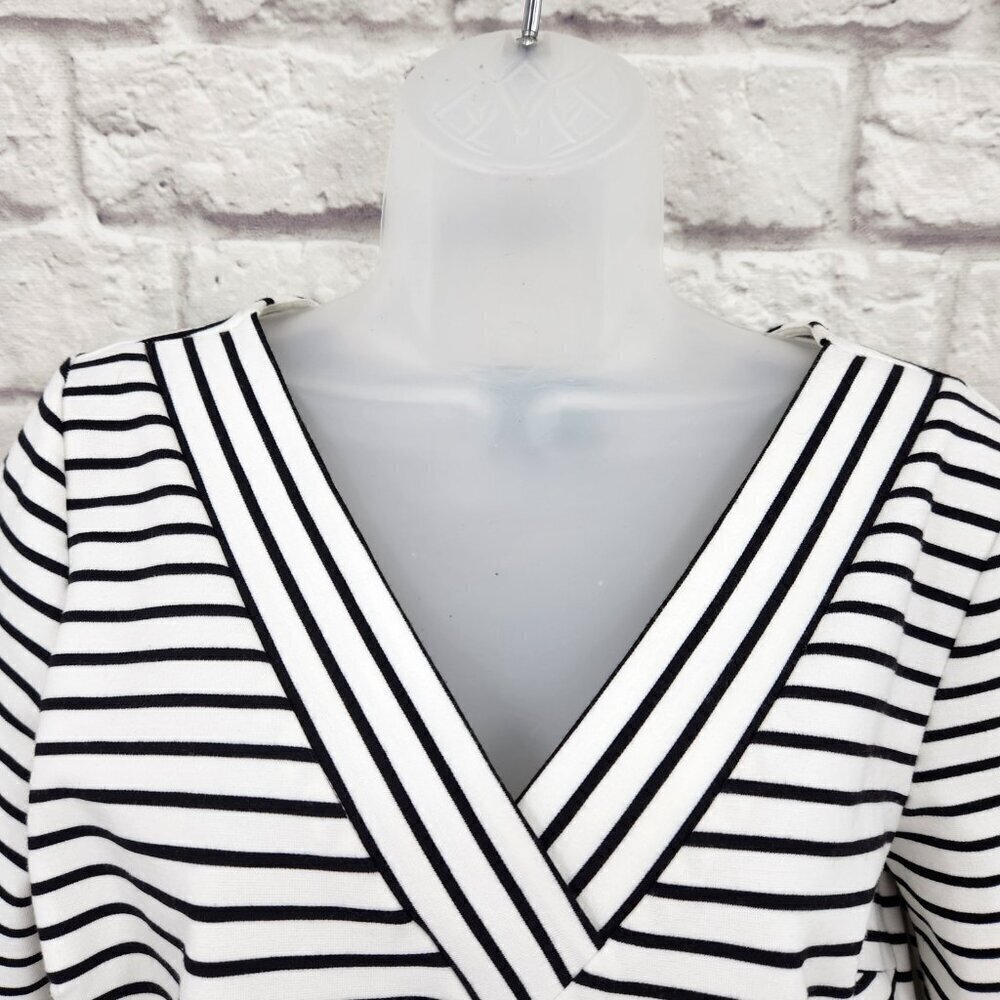 Skies Are Blue Black White Striped V Neck 3/4 Sleeve Tunic Shift Dress Women's M - Picture 2 of 12